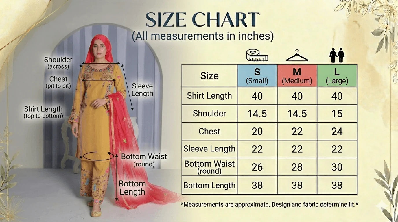 Size guide for Raqs e Bahar Yellow Elegance