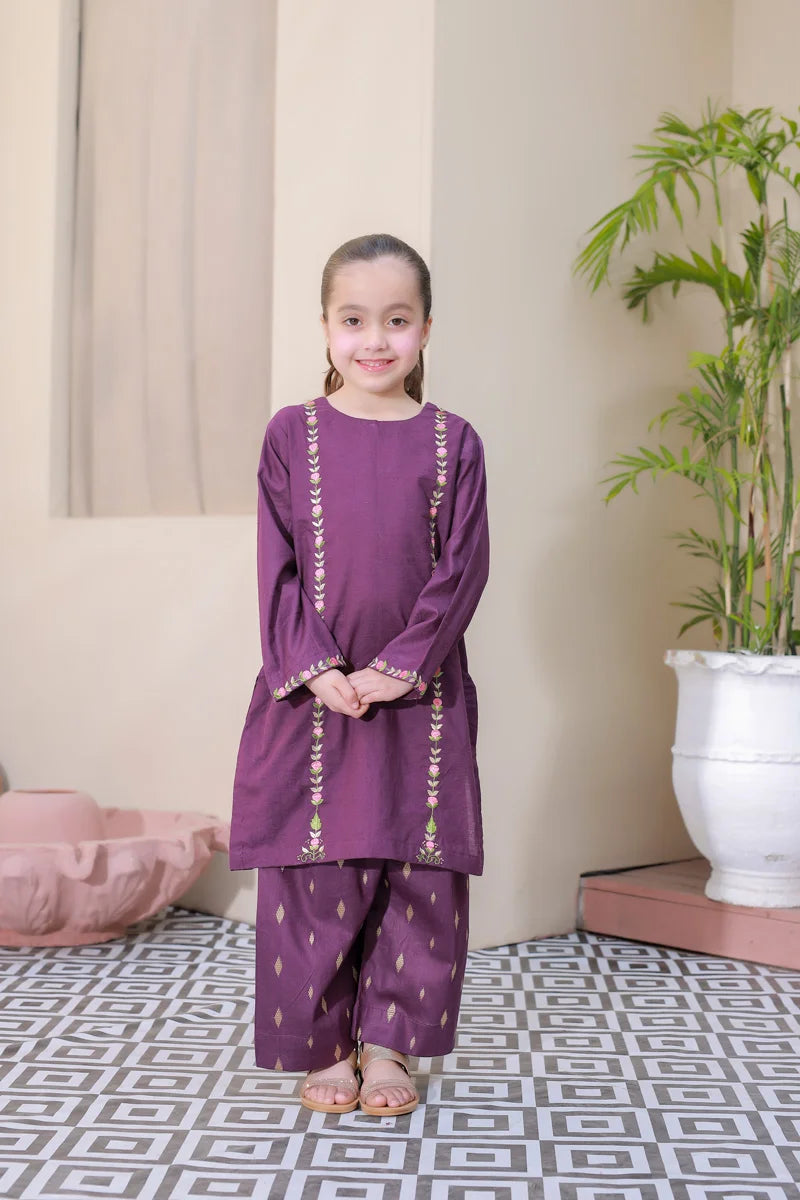 Royal Plum Embroidered Kurta Set for Girls