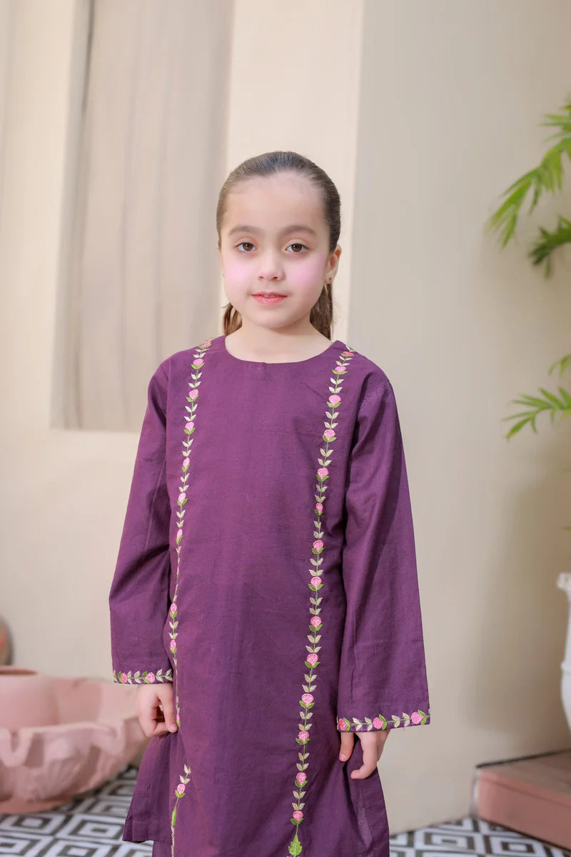 Royal Plum Embroidered Kurta Set for Girls