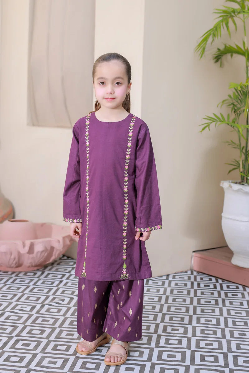 Royal Plum Embroidered Kurta Set for Girls