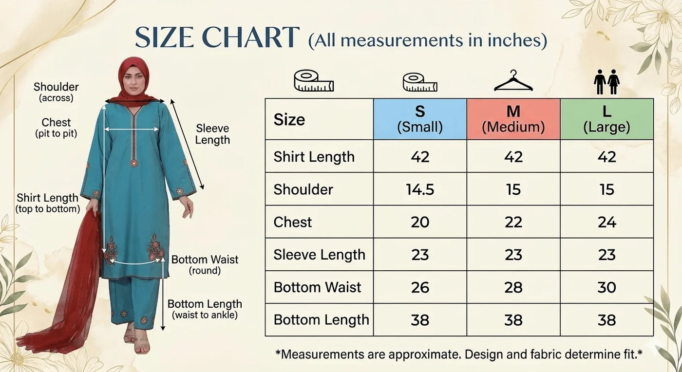 Size guide for Royal Teal Elegance